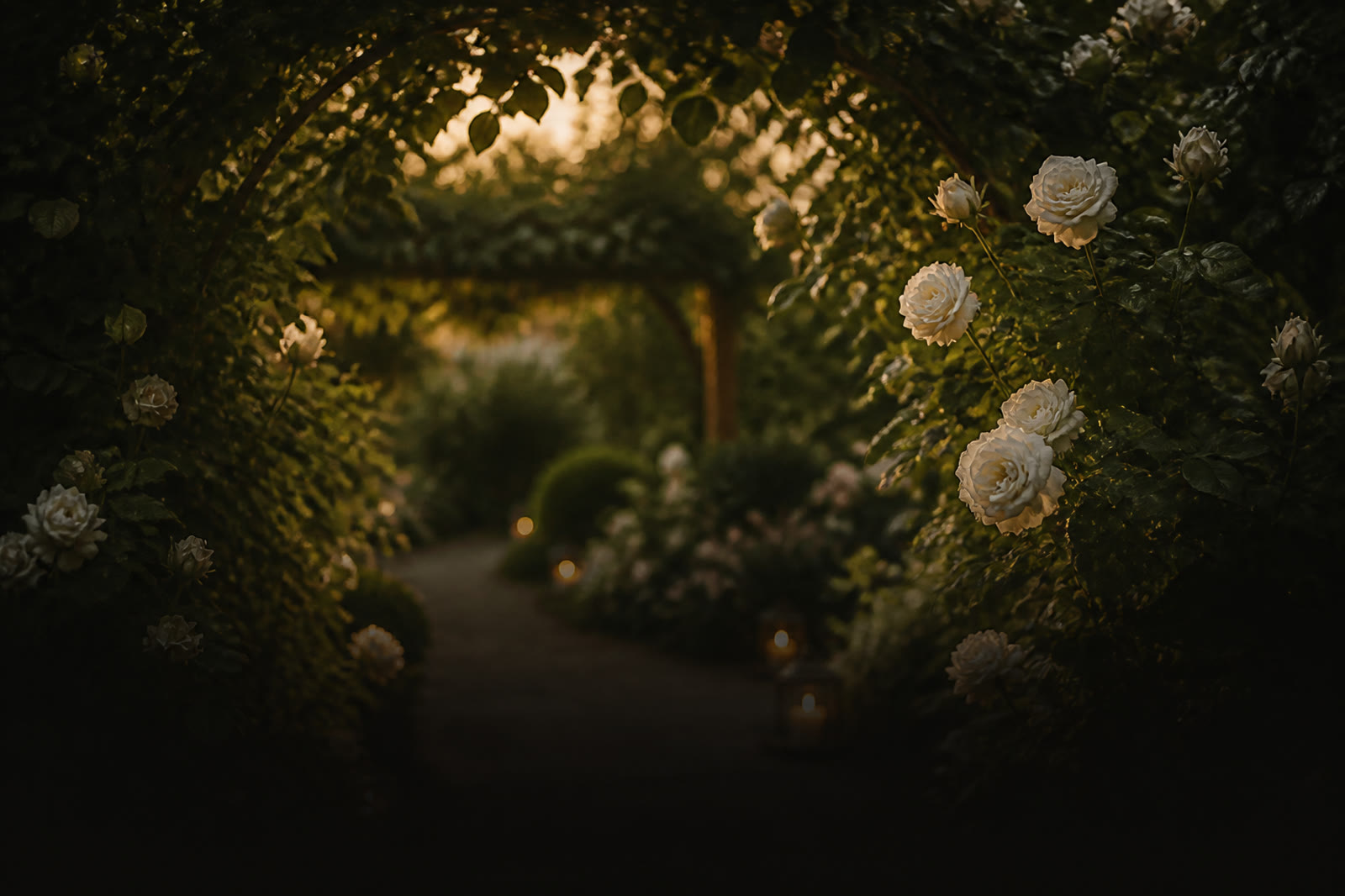 Soft-focus garden greenery at dusk